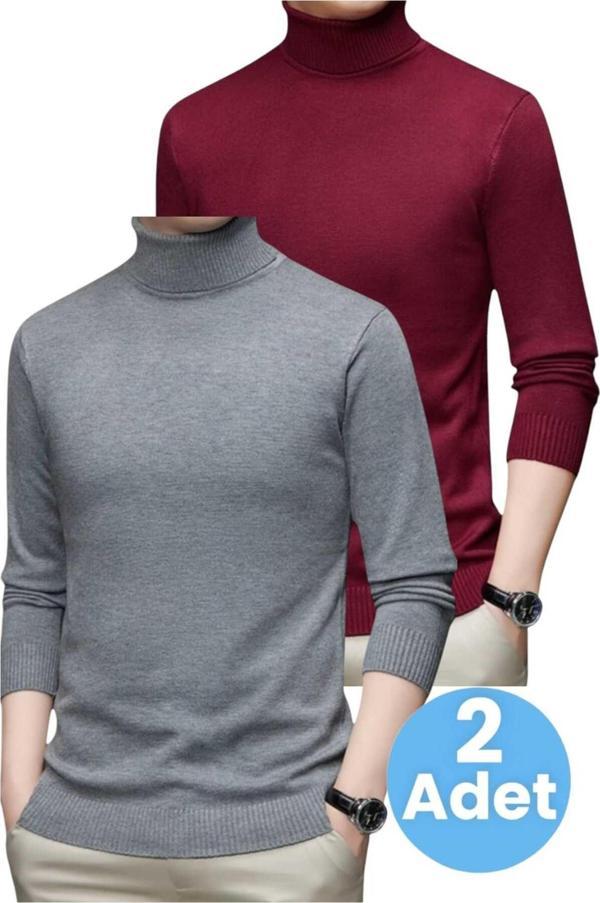 Uniquetrenders 2'Li  Erkek Tüylenmeyen Boğazlı Triko Kazak Balıkçı Triko Kazak Bordo - Füme XL - Image 1