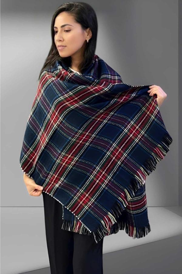 Uniquetrenders Kadın Çift Taraflı Ekose Desenli Yumuşak Omuz Şalı Atkı  ( 70Cm X 180Cm ) Lacivert - Gri  - Image 1