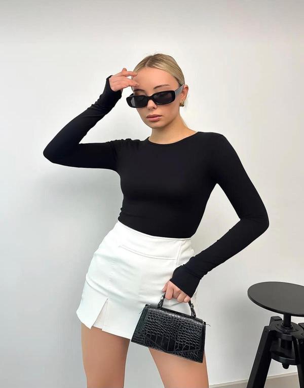 Black Premium Kadın Beyaz Bisiklet Yaka Parmak Geçmeli Body Premium Kumaş Kaltelisi - Image 1