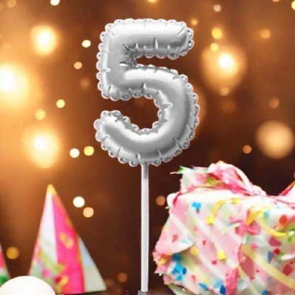 GÜMÜŞ DOĞUM GÜNÜ BALON ŞEKLİNDE MUM PASTA MUMU 5 NUMARA - Image 1