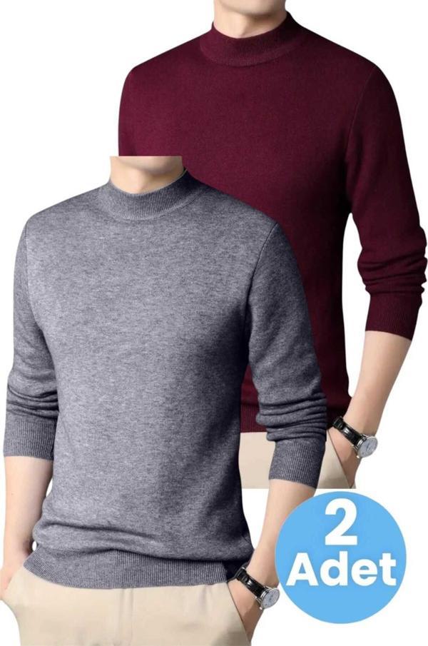 Uniquetrenders 2'Li  Erkek Tüylenmeyen Yarım Boğazlı Triko Kazak Yarım Balıkçı Triko Kazak Füme - Bordo S - Image 1