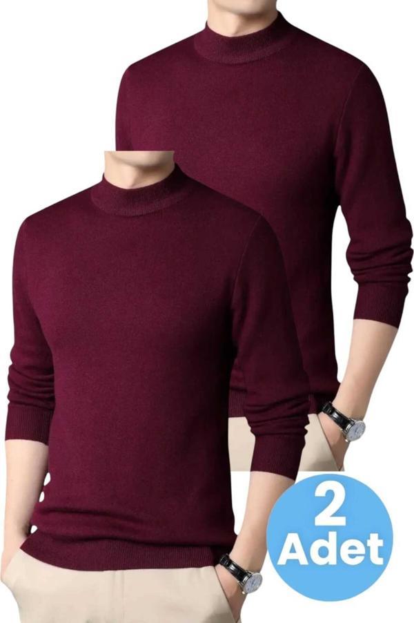 Uniquetrenders 2'Li  Erkek Tüylenmeyen Yarım Boğazlı Triko Kazak Yarım Balıkçı Triko Kazak Bordo - Bordo XL - Image 1