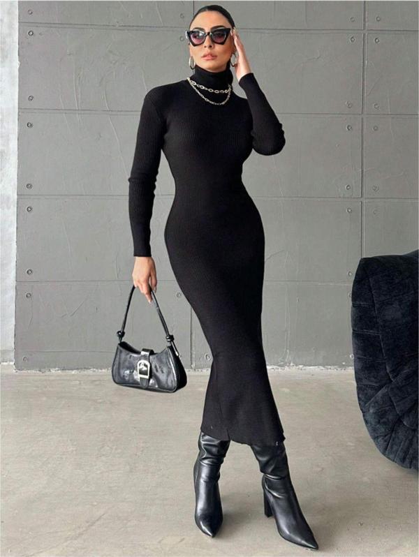 Black Premium Balıkçı Yaka Midi Boy Fitilli Pamuklu Kalem Elbise - Image 1