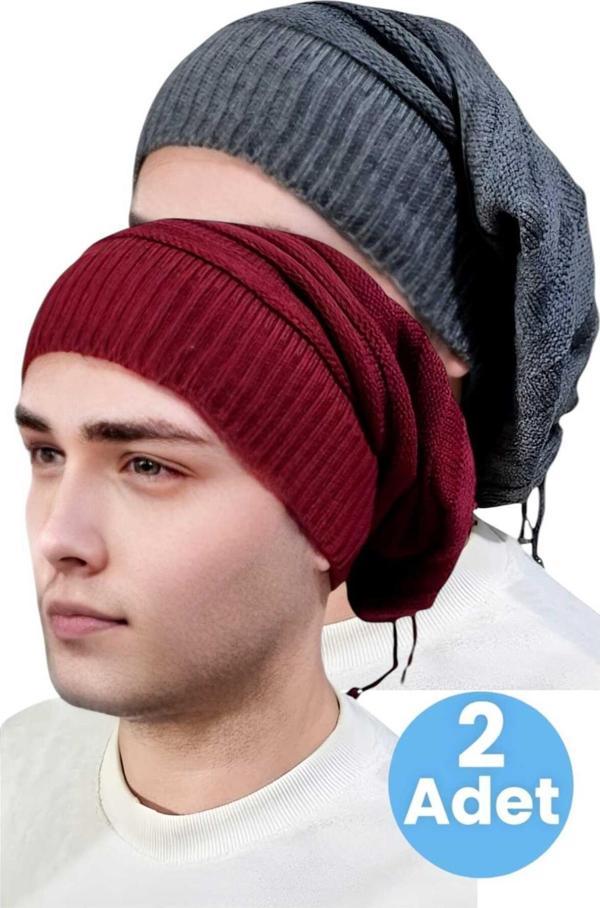 Uniquetrenders 2'Li  Erkek Kışlık Triko Örgü Bere Ve Boyunluk Füme - Bordo  - Image 1