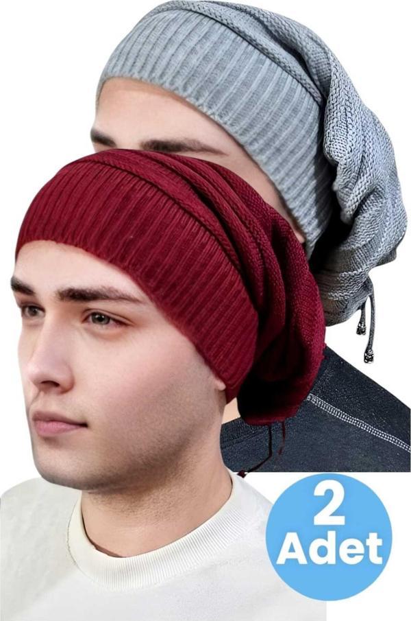 Uniquetrenders 2'Li  Erkek Kışlık Triko Örgü Bere Ve Boyunluk Gri - Bordo  - Image 1