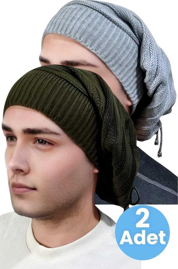 Uniquetrenders 2'Li  Erkek Kışlık Triko Örgü Bere Ve Boyunluk Gri - Haki  - Image 1