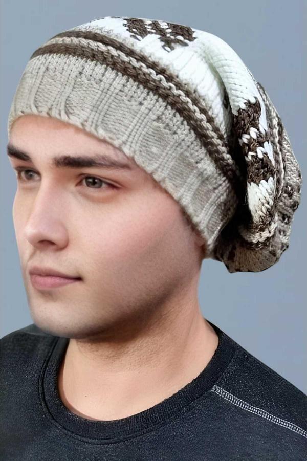 Uniquetrenders Erkek Kar Tanesi Desenli Örgü Triko Bere Camel - Kahverengi  - Image 1