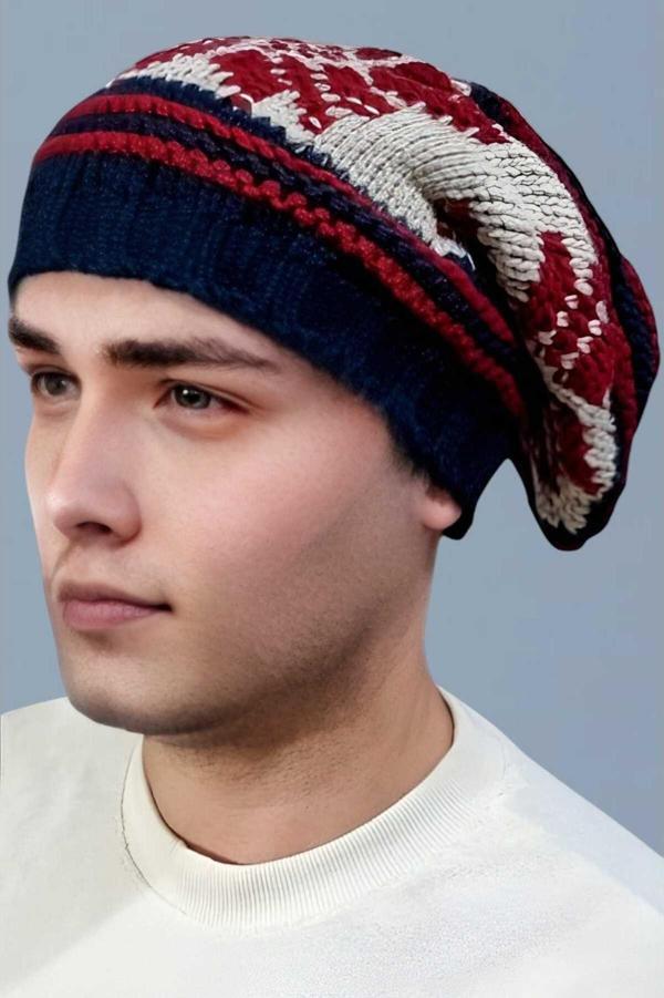 Uniquetrenders Erkek Kar Tanesi Desenli Örgü Triko Bere Lacivert - Kırmızı  - Image 1