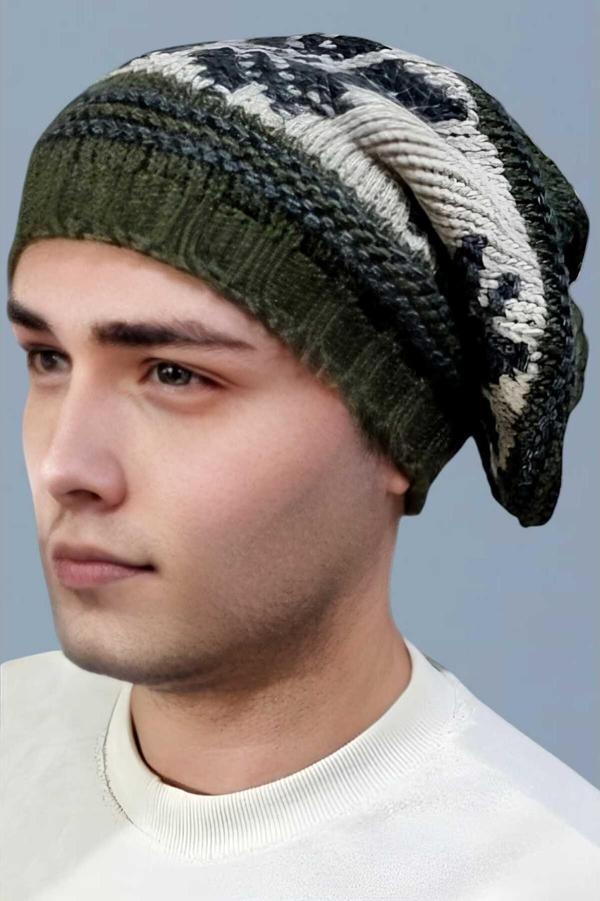 Uniquetrenders Erkek Kar Tanesi Desenli Örgü Triko Bere Yeşil - Gri  - Image 1