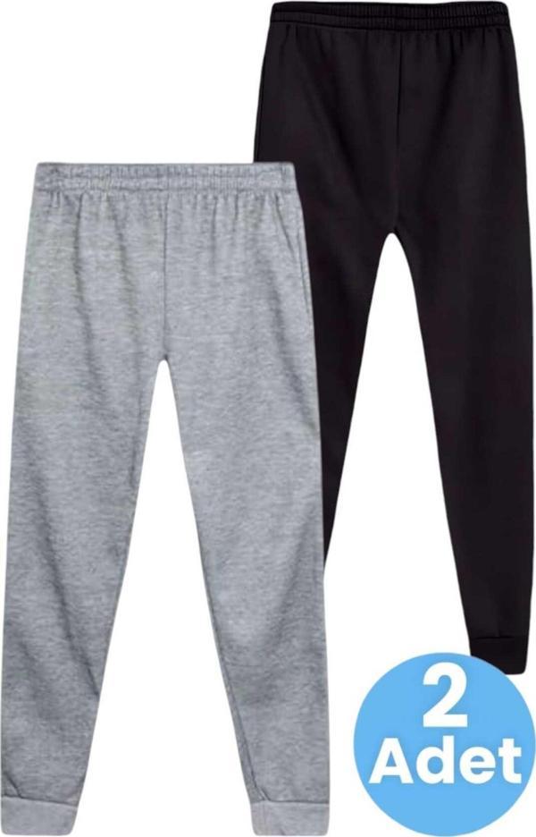 Uniquetrenders Çocuk Unisex Beli Lastikli Jogger Eşofman Altı 2'Li Set Gri - Siyah 9 Yaş - Image 1