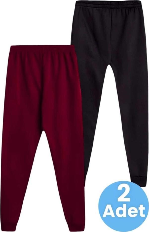 Uniquetrenders Çocuk Unisex Beli Lastikli Jogger Eşofman Altı 2'Li Set Bordo - Siyah 9 Yaş - Image 1