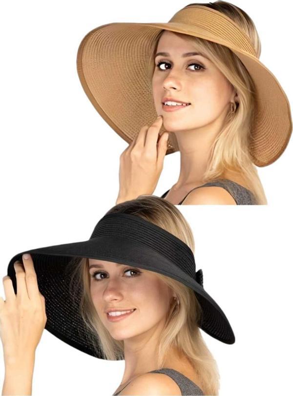 Uniquetrenders Kadın Geniş Siperli Uv Korumalı Fiyonklu Hasır Vizör Şapka 2'Li Set Siyah - Camel  - Image 1