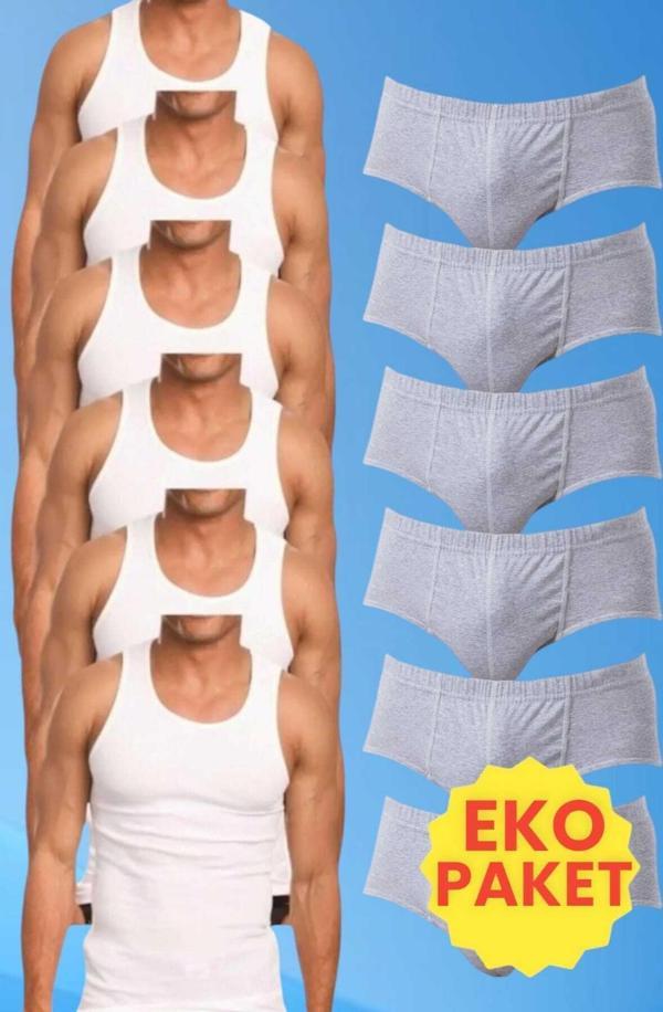 Uniquetrenders Erkek Pamuklu 6 Atlet 6 Slip Külot Set Beyaz - Gri XL - Image 1