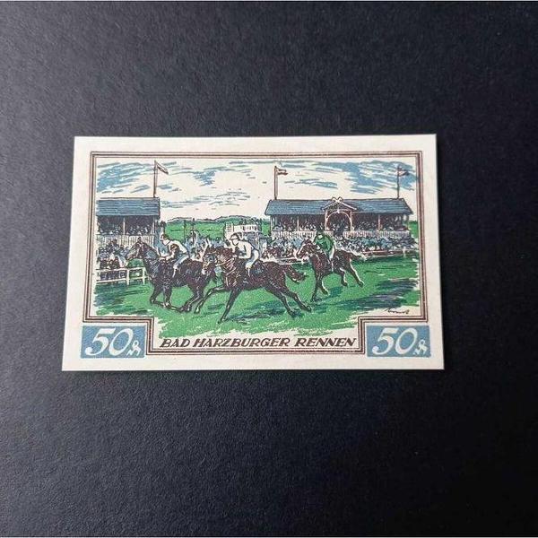 Escoines Koleksiyon 39963680e80a3efb1b 1923 GERMAN TRADE CARD HORSE RACING SCENE 50Pf NORTGELD ÇİL - Image 1