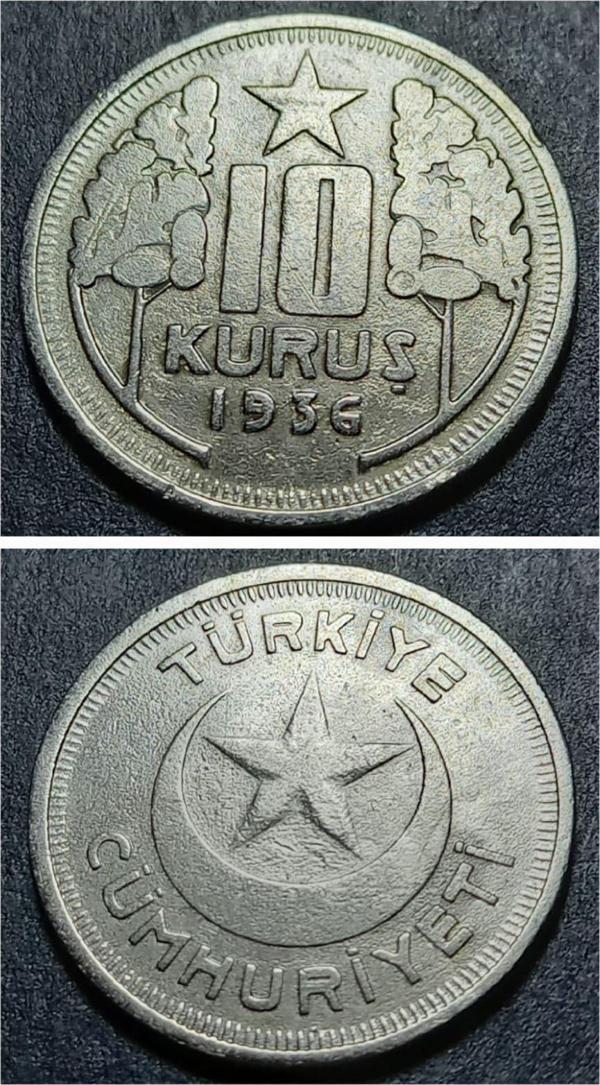 Escoines Koleksiyon 39963680e0f350e16d 1936 10Kuruş Nadir çıkar ÇÇT+ eski madeni para RR - Image 1