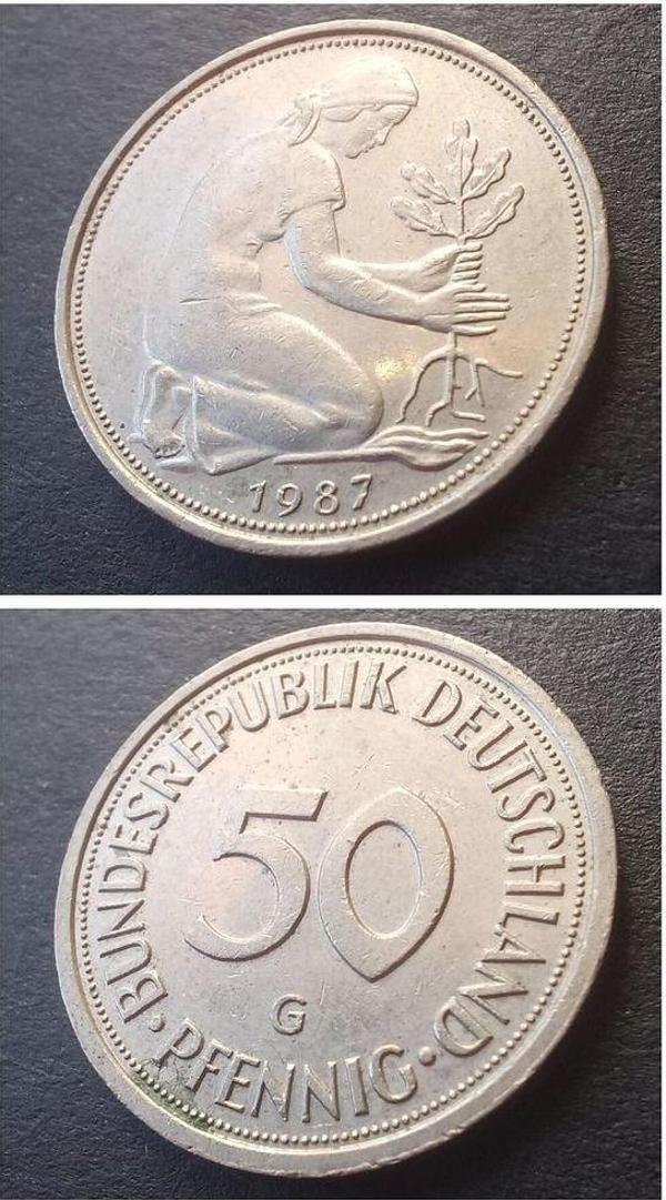 Escoines Koleksiyon 39963680e8b8eebe77 Almanya 50 pfennig (1987-G) Çil-Nadir çıkar Eski madeni para. - Image 1