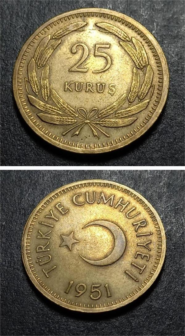 Escoines Koleksiyon 3996368023d7317ce2 Değerli Sene ÇÇT+ 25 Kuruş 1951 Nadir/Az çıkar, madeni para - Image 1