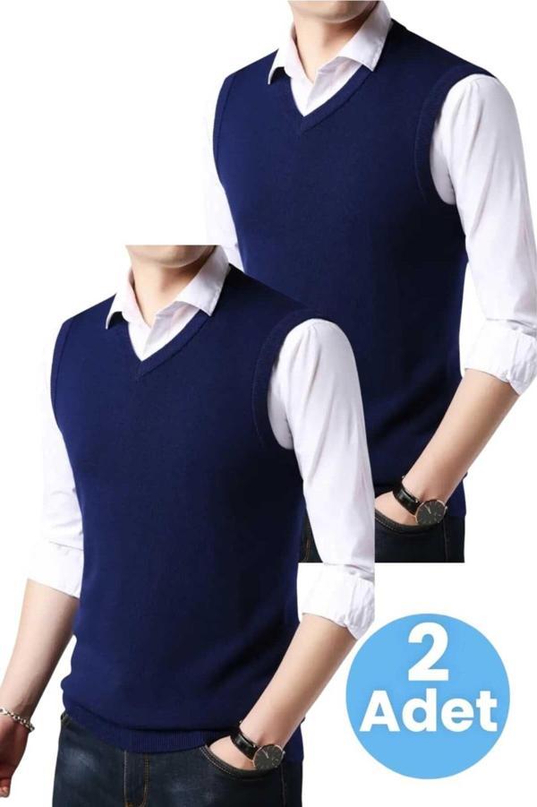 Uniquetrenders 2'Li  Erkek V Yaka Triko Tüylenmez Süveter Erkek Slim Fit Süveter Lacivert - Lacivert M - Image 1