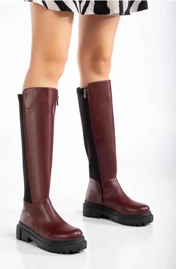 812-305 Bordo Arkası Streç Fermuarlı Günlük Kadın Çizme - Image 1