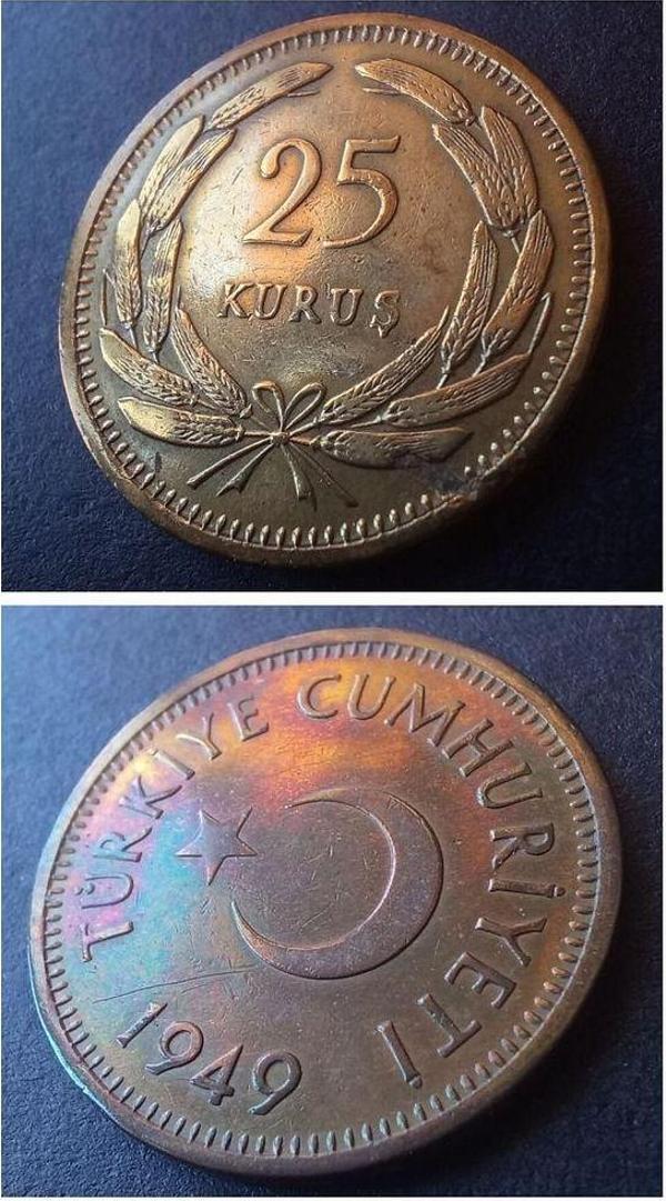 Escoines Koleksiyon 39963680e8c1729f08 25Kuruş 1949 Çil/ça (RAİNBOW-RRRR) Eski Madeni Para - Image 1