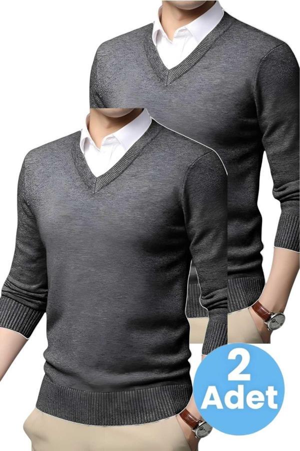 Uniquetrenders 2'Li  Erkek V Yaka Uzun Kol Triko Tüylenmez Süveter Erkek Slim Fit Süveter Füme - Füme XL - Image 1