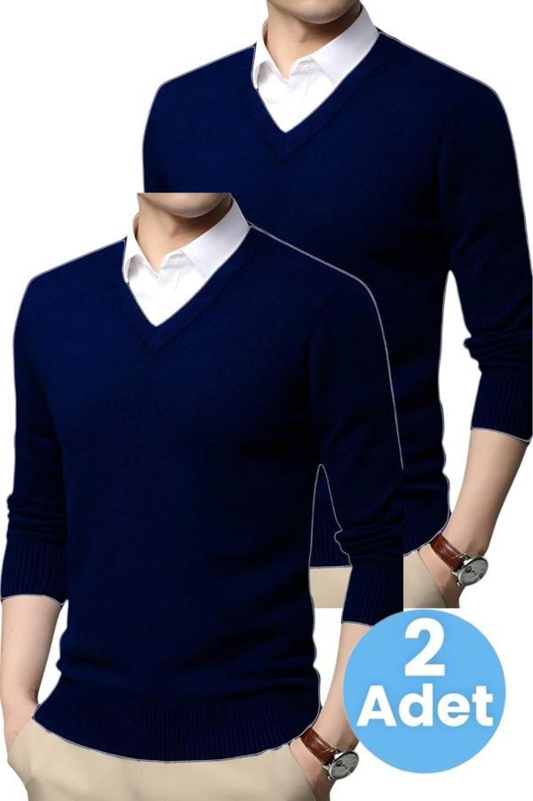 Uniquetrenders 2'Li  Erkek V Yaka Uzun Kol Triko Tüylenmez Süveter Erkek Slim Fit Süveter Lacivert - Lacivert XL - Image 1