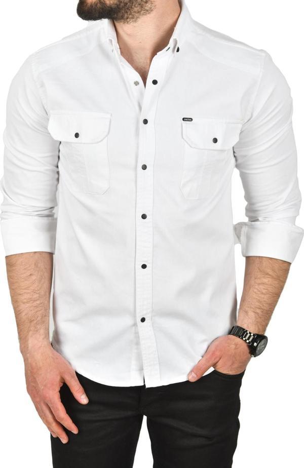 DeepSEA Erkek Beyaz Slim Fit Kolay Ütülenebilir Pamuklu Spor Gömlek Likralı Kot Gömlek 2502505 - Image 1