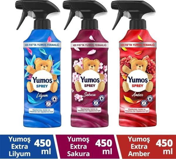 Yumoş Sprey Sakura 450 Ml X1 + Yumoş Sprey Amber 450 Ml X1 + Yumoş Sprey Lilyum 450 Ml X1 - Image 1