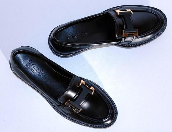 Letao Oxford Kadın Siyah Altın Tokalı Günlük Loafer Makosen Ayakkabı - Image 1