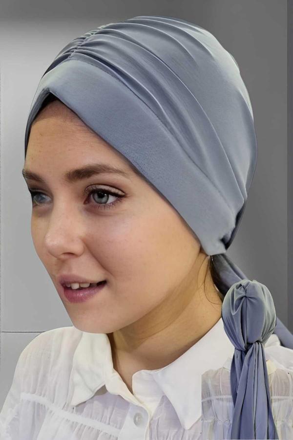 Uniquetrenders Kadın Lüks Sandy Kumaş Bağlamalı Pileli Tesettür Bone Şal Gri Standart - Image 1
