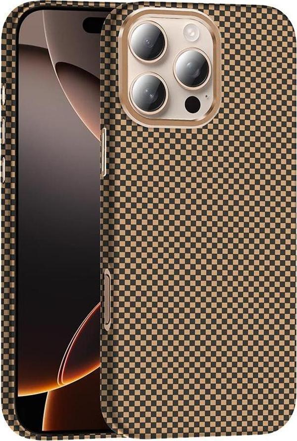iPhone 16 Pro Kılıf M-safe Şarj Özellikli Karbon Fiber Görünümlü Gros Kılıf Desert Titanyum - Image 1