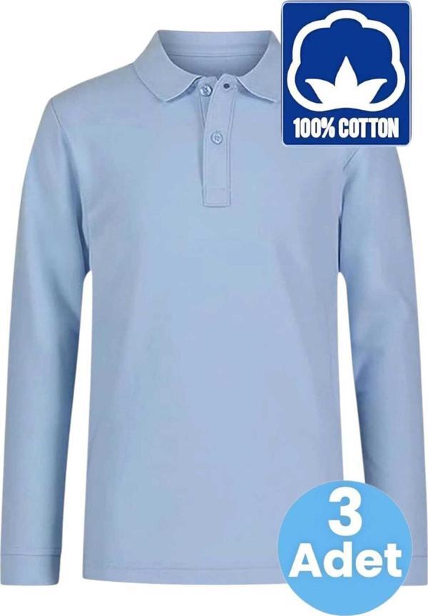 Uniquetrenders Erkek Çocuk 3'Lü Uzun Kol %100 Pamuklu Polo Yaka T-Shirt Günlük Ve Okul Uniforma Okul T-Shirt Bebe Mavisi 14-15 Yaş - Image 1