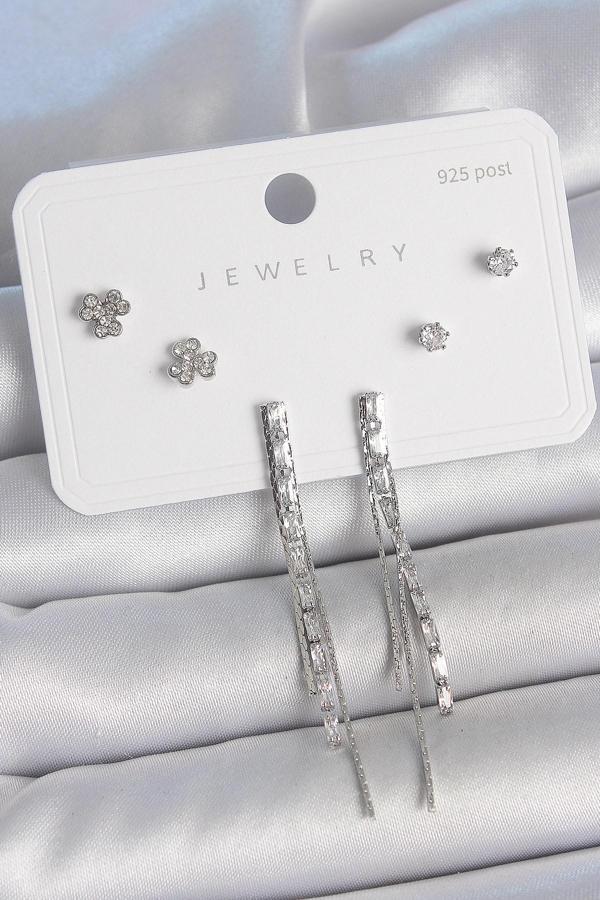 Pirinç Gümüş Renk Su Yolu Zirkon Taşlı Sallantı Model Çiçek Detay 925 Ayar Gümüş Çivi Kadın Küpe Set - Image 1