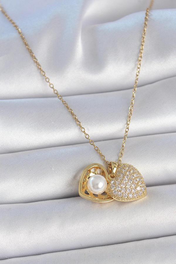 316L Çelik Gold Renk Zincir Zirkon Taşlı Açılır İncili Kalp Model Kadın Kolye - TJ-BKO10031 - Image 1