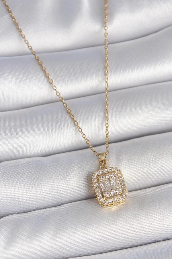 316L Çelik Gold Renk Zincir Kare Zirkon Taş Model Kadın Kolye - TJ-BKO10059 - Image 1