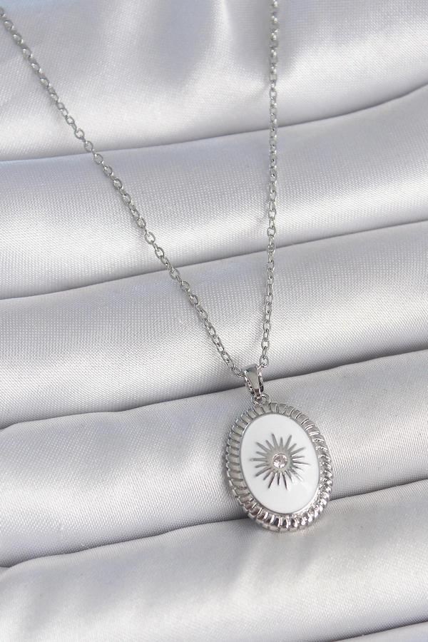 316L Çelik Gümüş Renk Beyaz Mineli Güneş İşlemeli Nazar Boncuk Detay Madalyon Model Kadın Kolye - TJ - Image 1