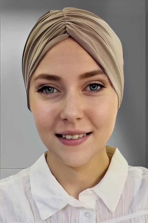 Uniquetrenders Kadın Lüks Sandy Kumaş Bağlamalı Pileli Tesettür Bone Vizon Standart - Image 1