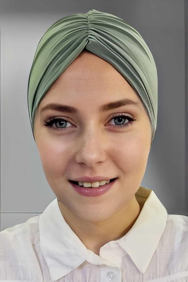 Uniquetrenders Kadın Lüks Sandy Kumaş Bağlamalı Pileli Tesettür Bone Çağla Yeşili Standart - Image 1