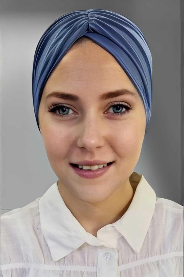 Uniquetrenders Kadın Lüks Sandy Kumaş Bağlamalı Pileli Tesettür Bone İndigo Standart - Image 1