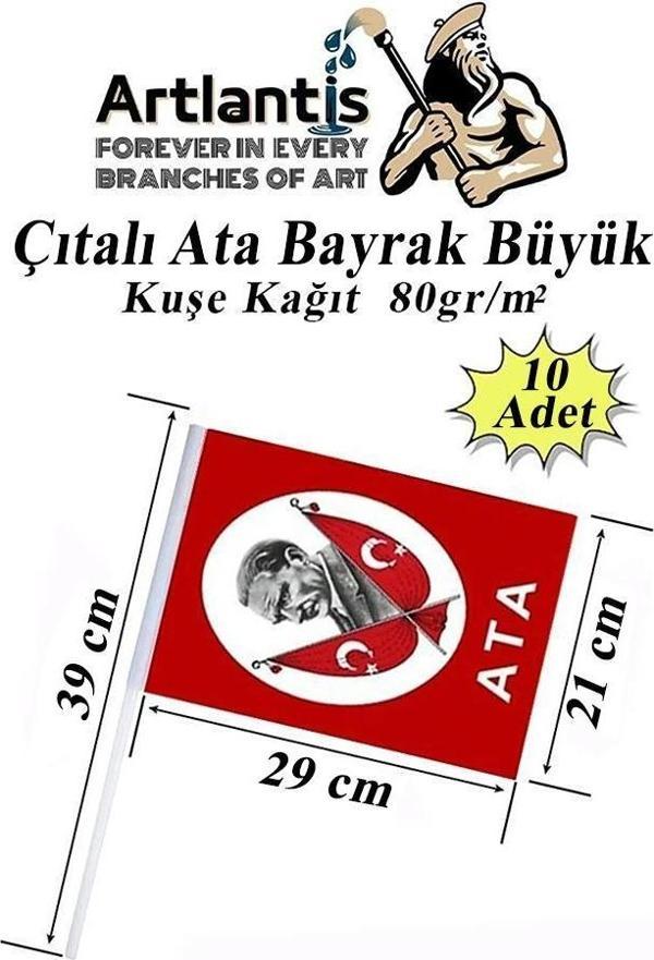 Çıtalı Ata Bayrak Kağıt 21x29 cm 10 Adet Atalı Bayrak Çıtalı Sopalı Büyük Bayrak Plastik Çubuklu Bayrak - Image 1