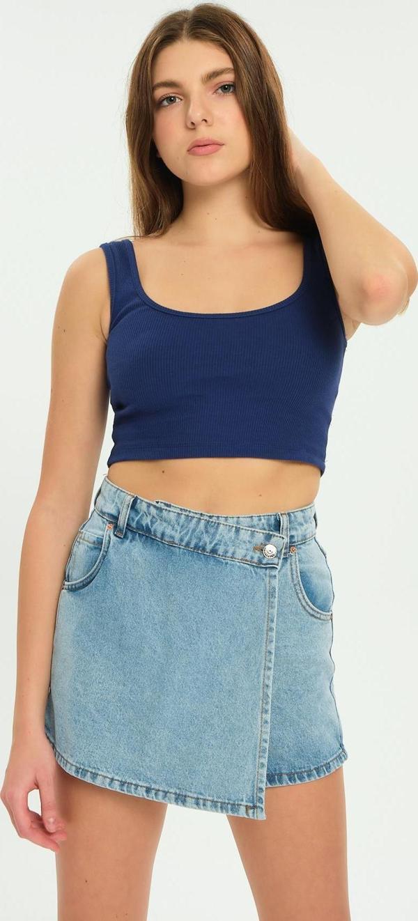 Tek Düğme, fermuarlı Denim Şort Kot Kadın Jean Etek - Image 1