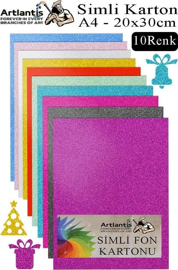 Simli Karton A4 20x30 cm 10 Renk 1 Paket 10 lu Simli Karton Parıltılı Kağıt Anasınıfı Kreş Etkinlik Proje Dekoratif - Image 1