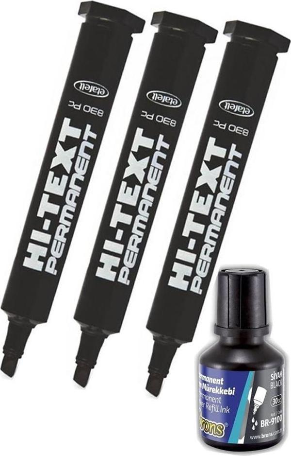 Siyah Kesik Uçlu Markör Permanent Kalem 3 Adet Hı-Text Marker Mürekkep Siyah 30 Ml 1 Adet Brons Koli Kalemi - Image 1