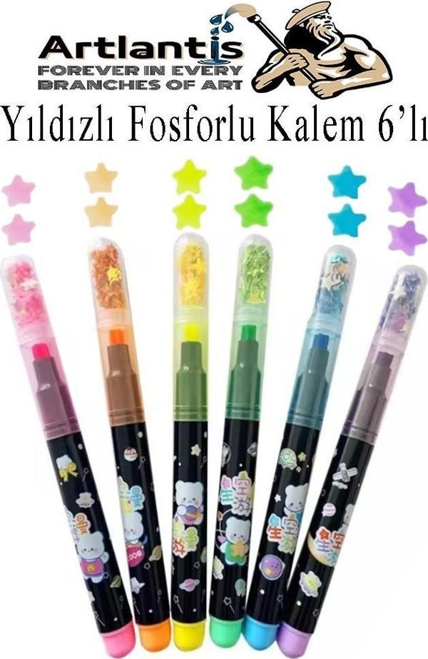Yıldızlı Fosforlu Kalem 6 Renk 1 Paket Yıldız Baskılı İşaret Kalemi Pullu Yıldız Şekilli Damga Kalemi Sevimli Mühürlü - Image 1