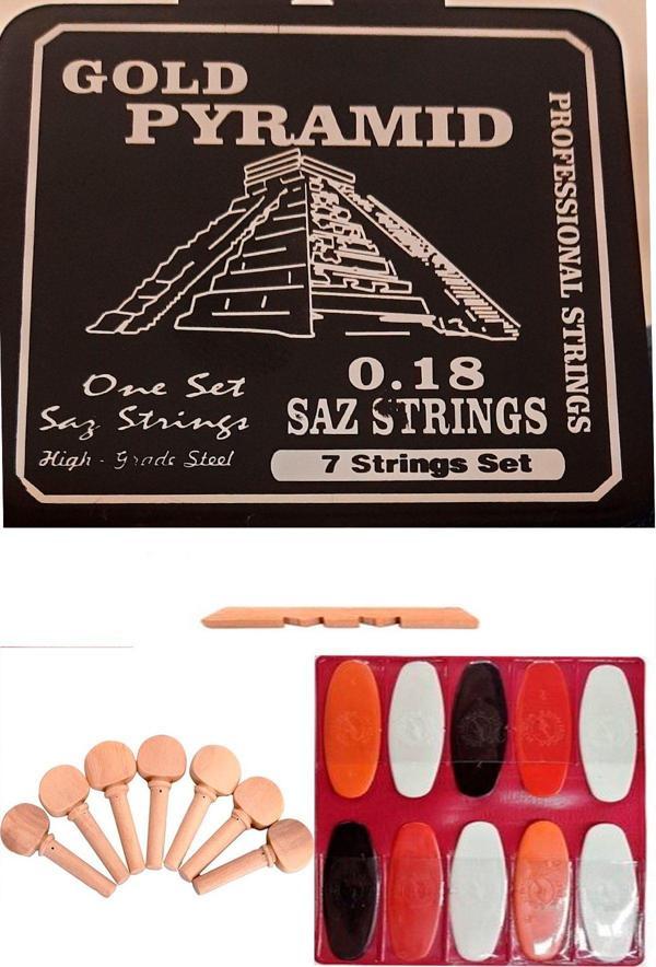 Master Music 0,18 Kısa Sap Bağlama Teli Seti + 7 Adet Bağlama Burgusu + 10 Adet Tezene + Alt Eşik - Image 1