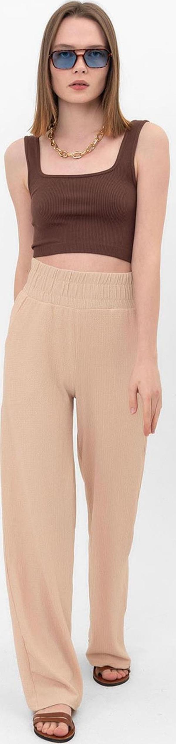 Beli Lastikli Bol Paça Çift Cepli Bürümcük Kadın Palazzo Pantolon - Image 1