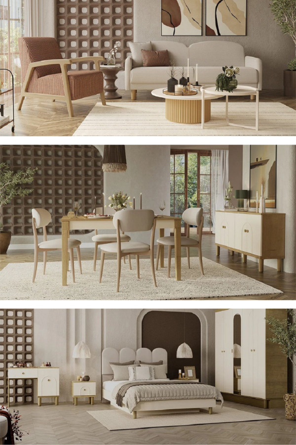 Eco Bohem Üçlü Midi Düğün Paketi - Oturma Grubu / Yatak Odası Takımı / Yemek Odası Takımı - Image 1