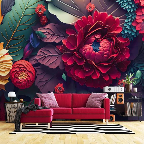 3 Boyutlu Kırmızı Turuncu Çiçek Desenli Duvar Kağıdı - Image 1