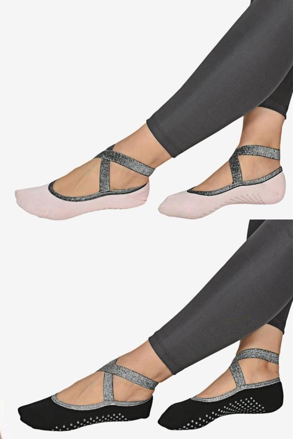 Steppe Berry 2 Çift Pilates Siyah Ve Pembe Yoga Bale Dans Çorabı - Image 1