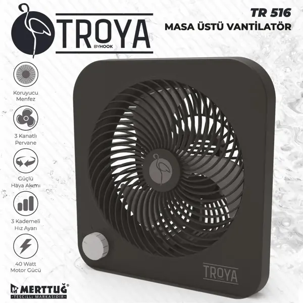Troya By Hook Tr-516 Masaüstü Vantilatör 3 Kanatlı 3 Kademeli Vantilatör - Image 1